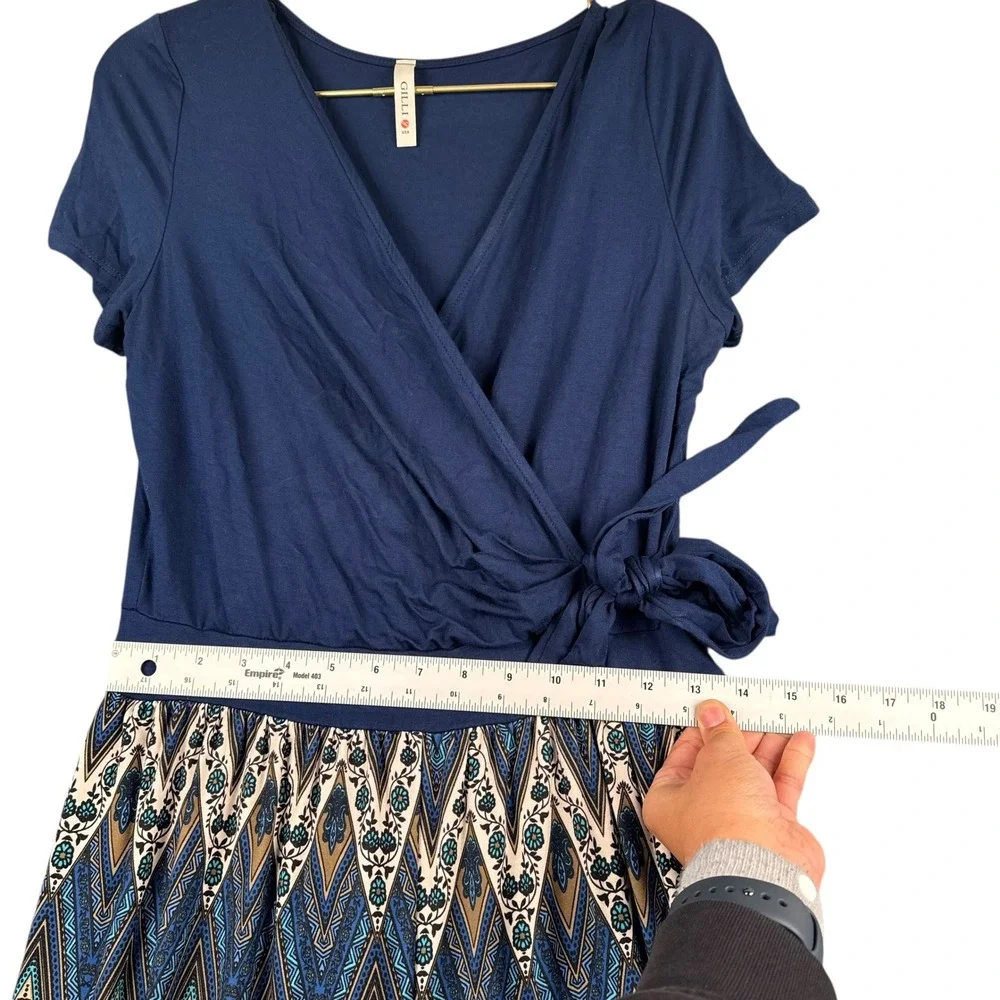 Gilli USA Navy Blue Geometric Print Wrap Jumpsuit Wide Leg  Large Palazzo 441‎